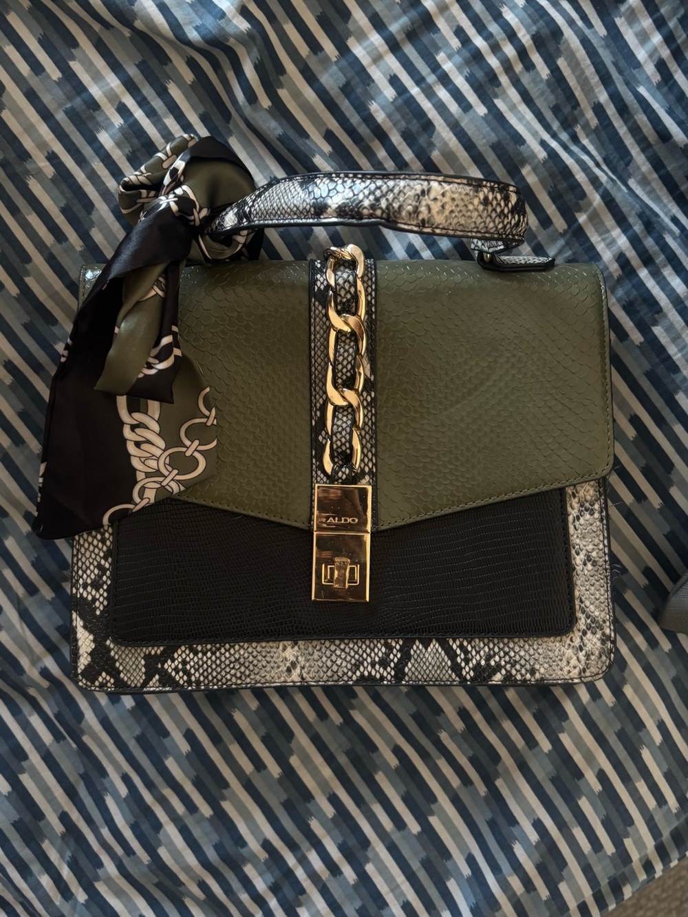 ALDO Olive Green and Black Satchel with Snake-Print Accents